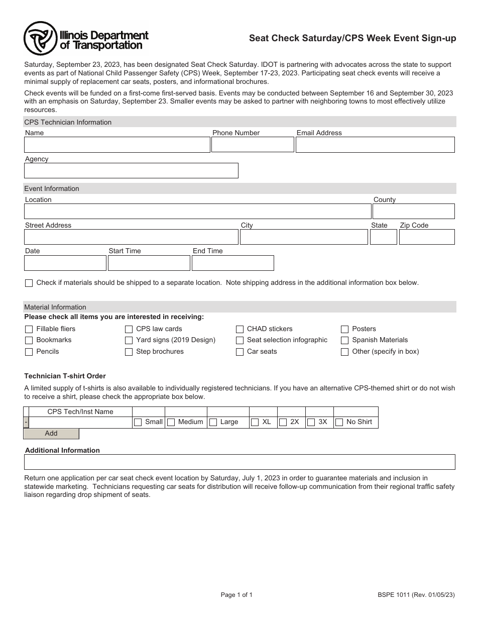 Form BSPE1011 Seat Check Saturday / Cps Week Event Sign-Up - Illinois, Page 1
