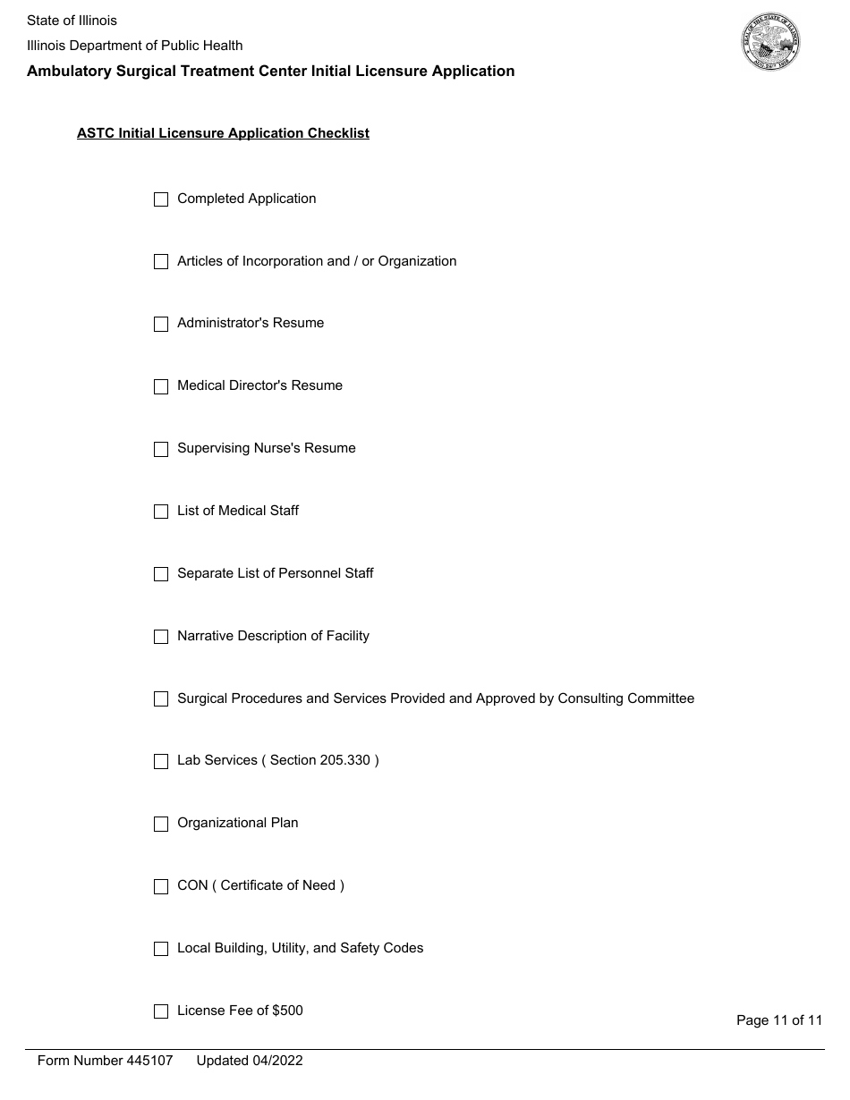 Form 445107 Ambulatory Surgical Treatment Center Initial Licensure Application - Illinois, Page 11