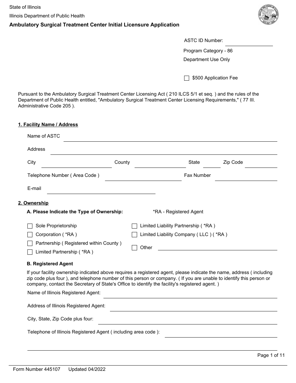 Form 445107 Ambulatory Surgical Treatment Center Initial Licensure Application - Illinois, Page 1