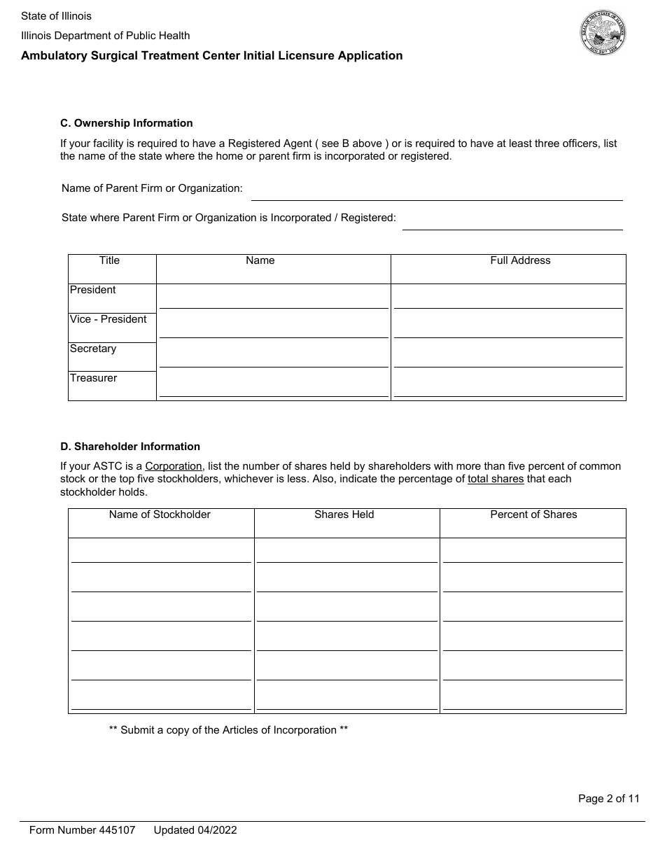 Form 445107 Ambulatory Surgical Treatment Center Initial Licensure Application - Illinois, Page 2