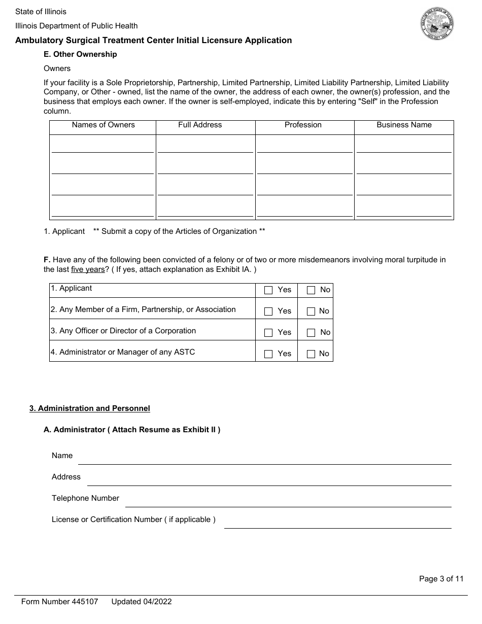 Form 445107 Ambulatory Surgical Treatment Center Initial Licensure Application - Illinois, Page 3