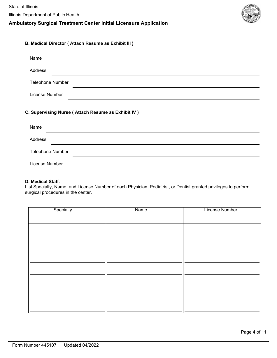 Form 445107 Ambulatory Surgical Treatment Center Initial Licensure Application - Illinois, Page 4