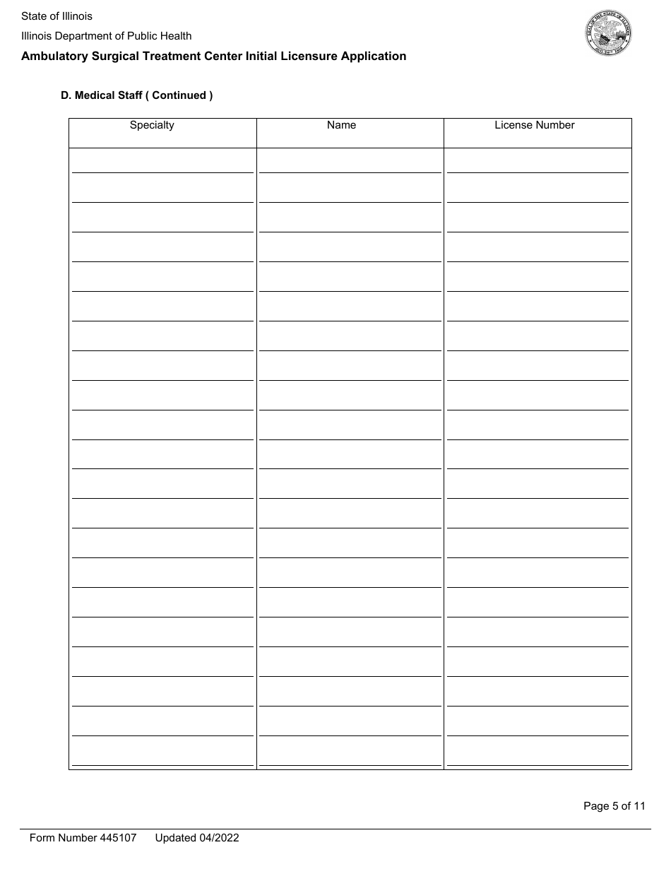 Form 445107 Ambulatory Surgical Treatment Center Initial Licensure Application - Illinois, Page 5