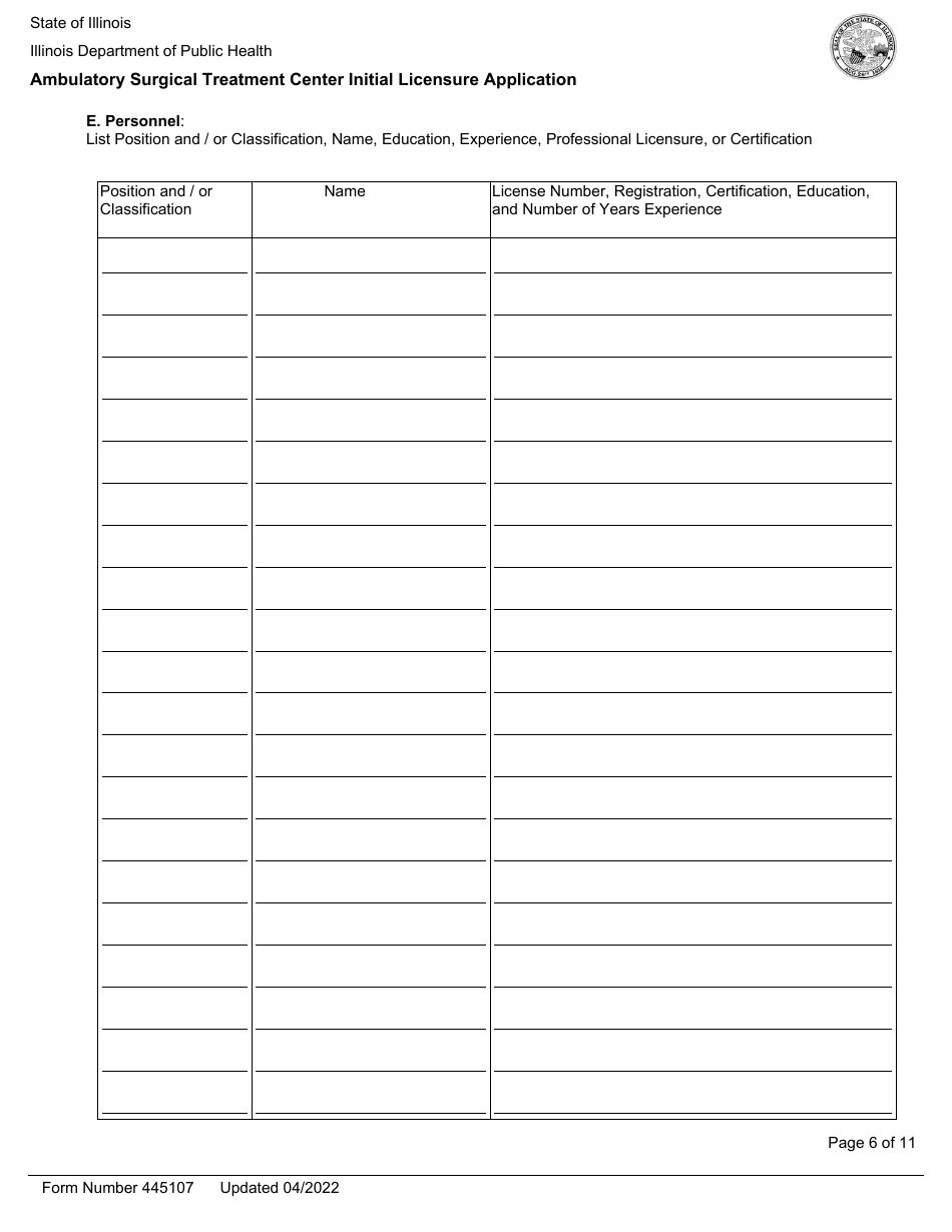 Form 445107 Ambulatory Surgical Treatment Center Initial Licensure Application - Illinois, Page 6