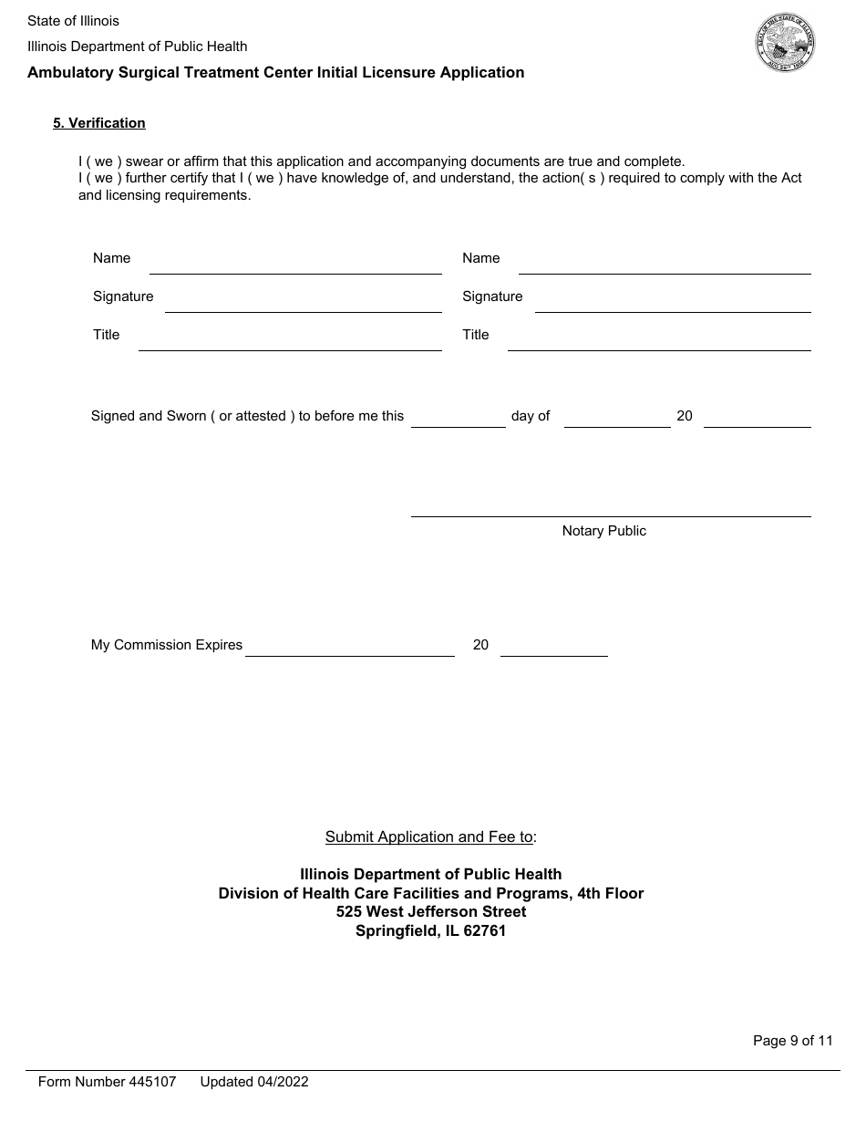 Form 445107 Ambulatory Surgical Treatment Center Initial Licensure Application - Illinois, Page 9
