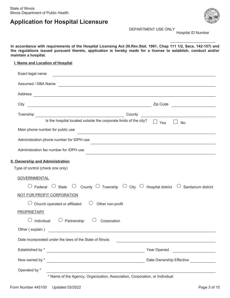 Form 445100 Application for Hospital Licensure - Illinois, Page 3