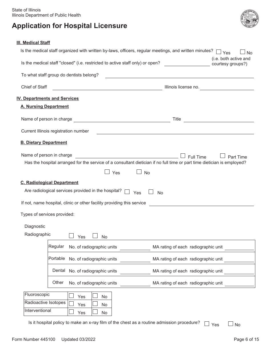 Form 445100 Application for Hospital Licensure - Illinois, Page 6