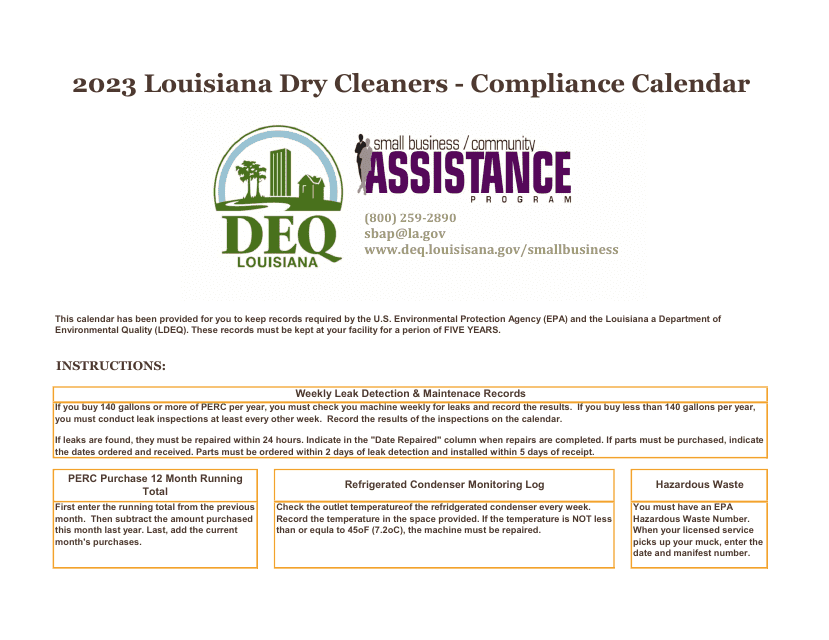 Louisiana Dry Cleaners - Compliance Calendar - Louisiana Download Pdf