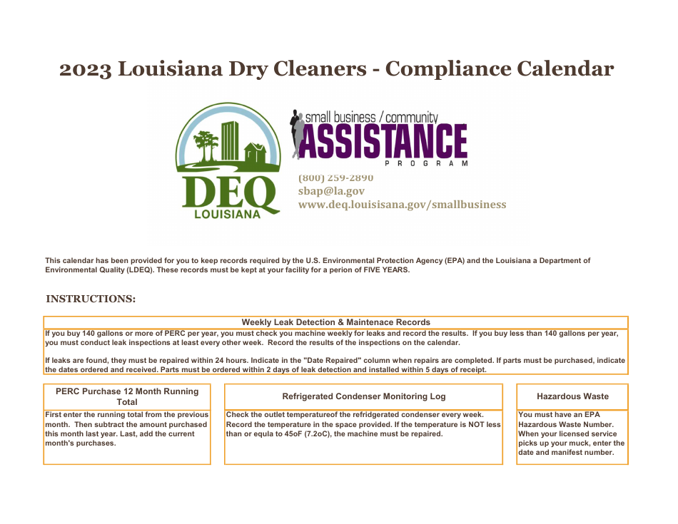 2023 Louisiana Louisiana Dry Cleaners Compliance Calendar Download
