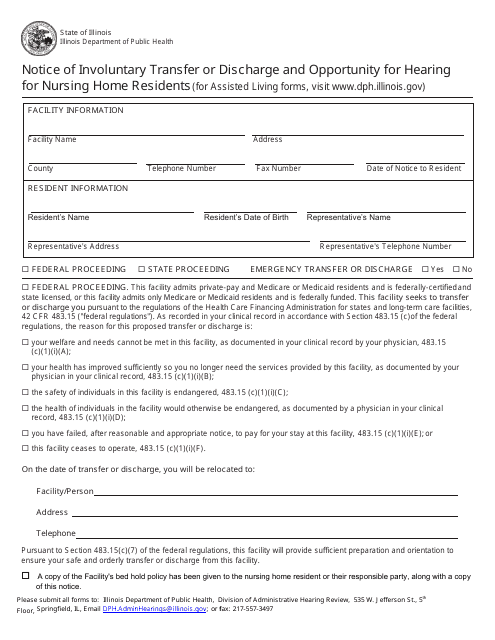 Notice of Involuntary Transfer or Discharge and Opportunity for Hearing for Nursing Home Residents - Illinois Download Pdf