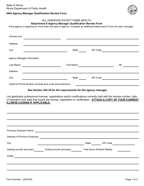 Form 445104 Attachment E Hha Agency Manager Qualification Review Form - Illinois