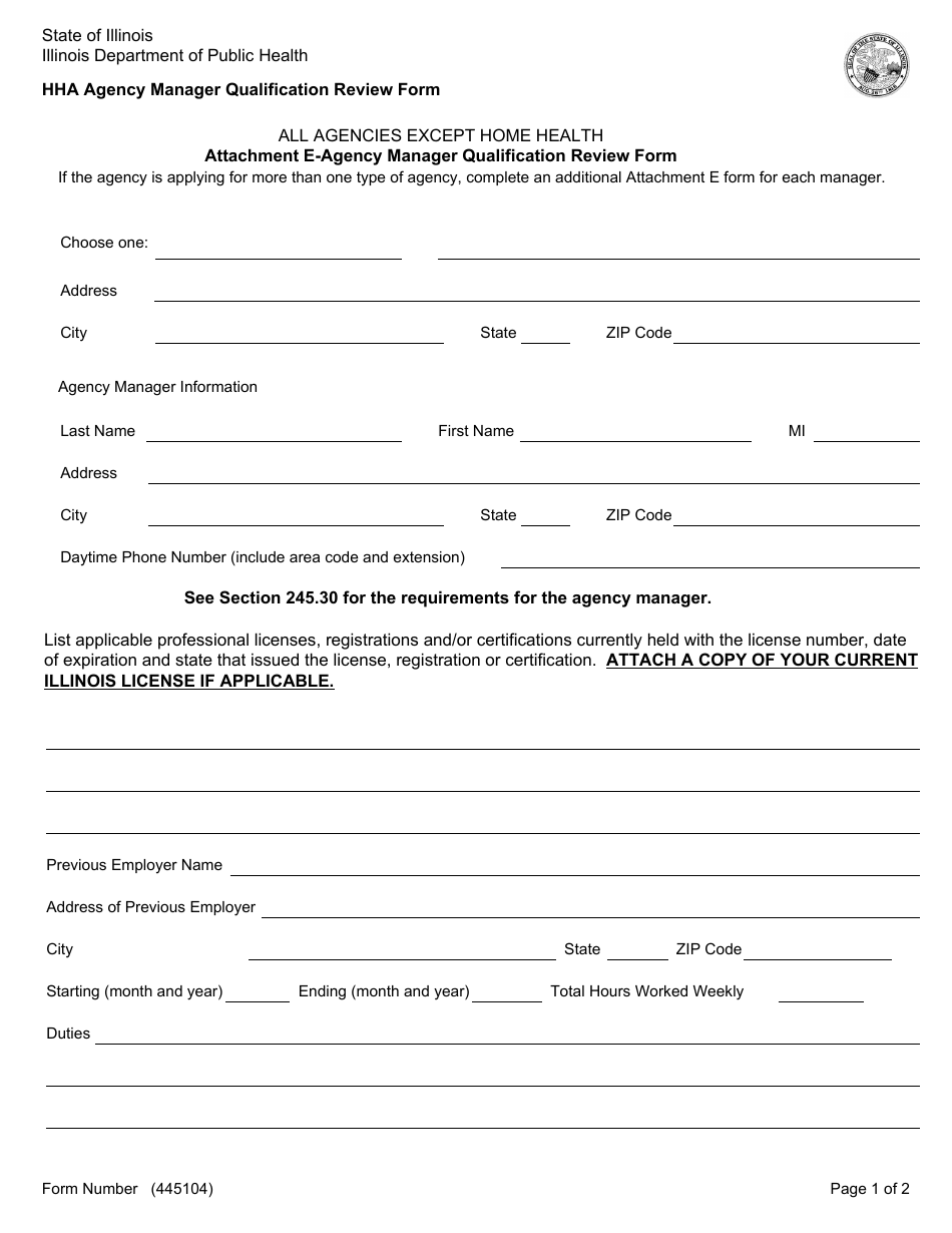Form 445104 Attachment E Hha Agency Manager Qualification Review Form - Illinois, Page 1