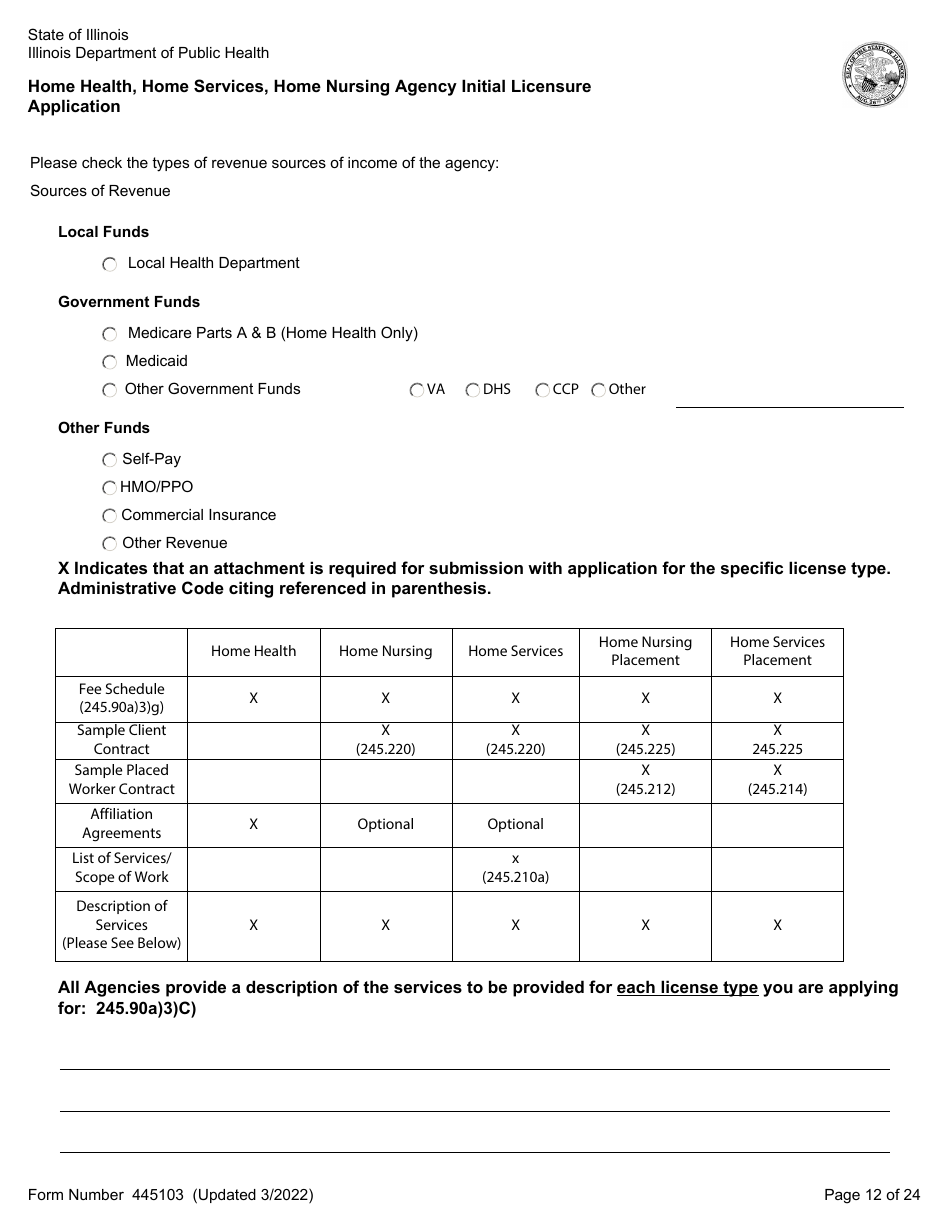 Form 445103 Home Health, Home Services, Home Nursing Agency Initial Licensure Application - Illinois, Page 12