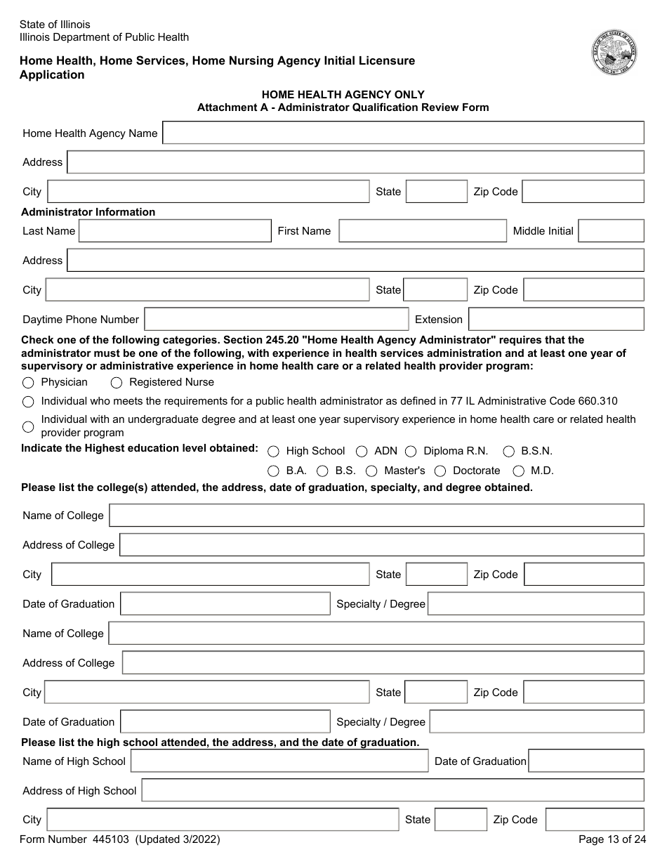 Form 445103 Home Health, Home Services, Home Nursing Agency Initial Licensure Application - Illinois, Page 13