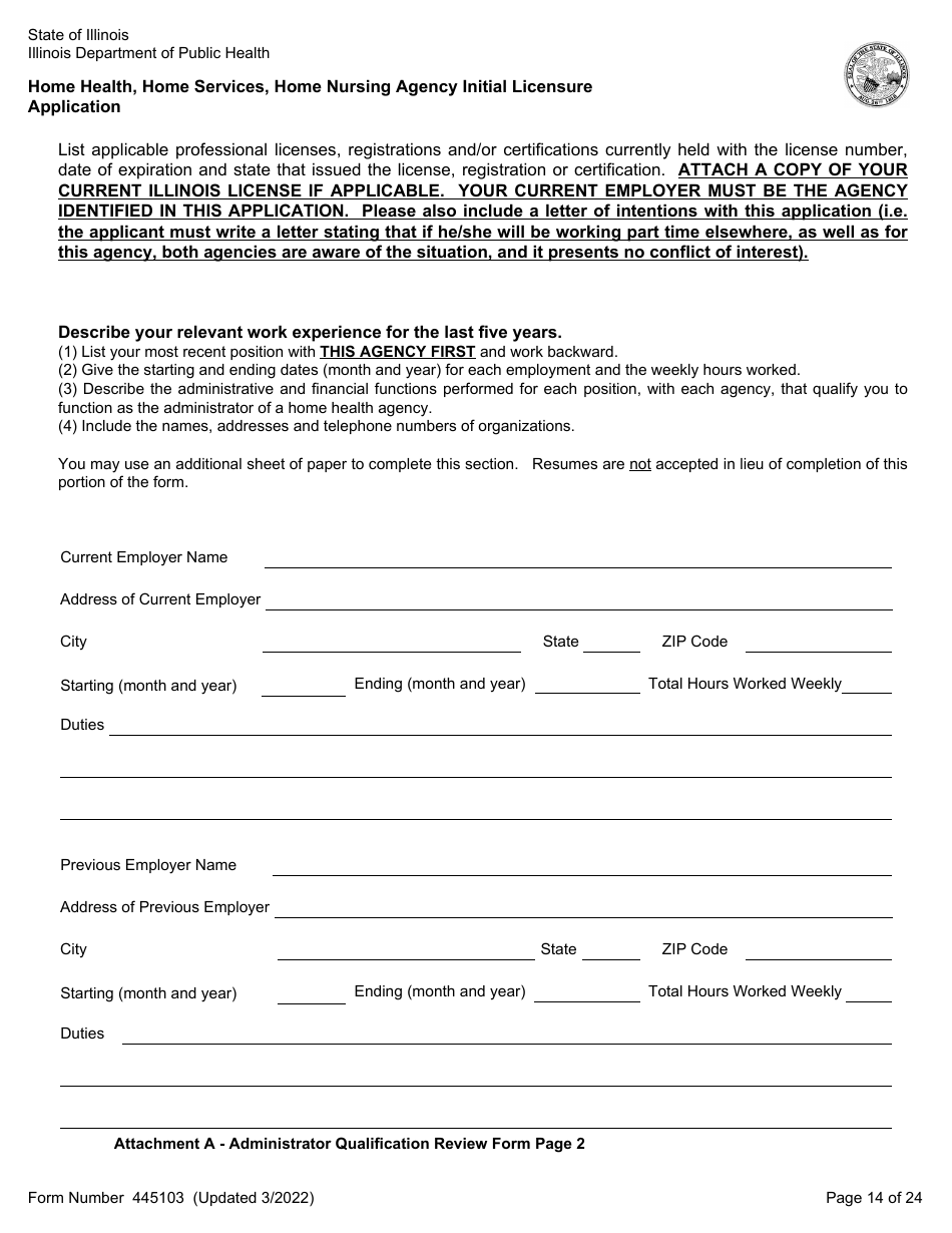 Form 445103 Home Health, Home Services, Home Nursing Agency Initial Licensure Application - Illinois, Page 14