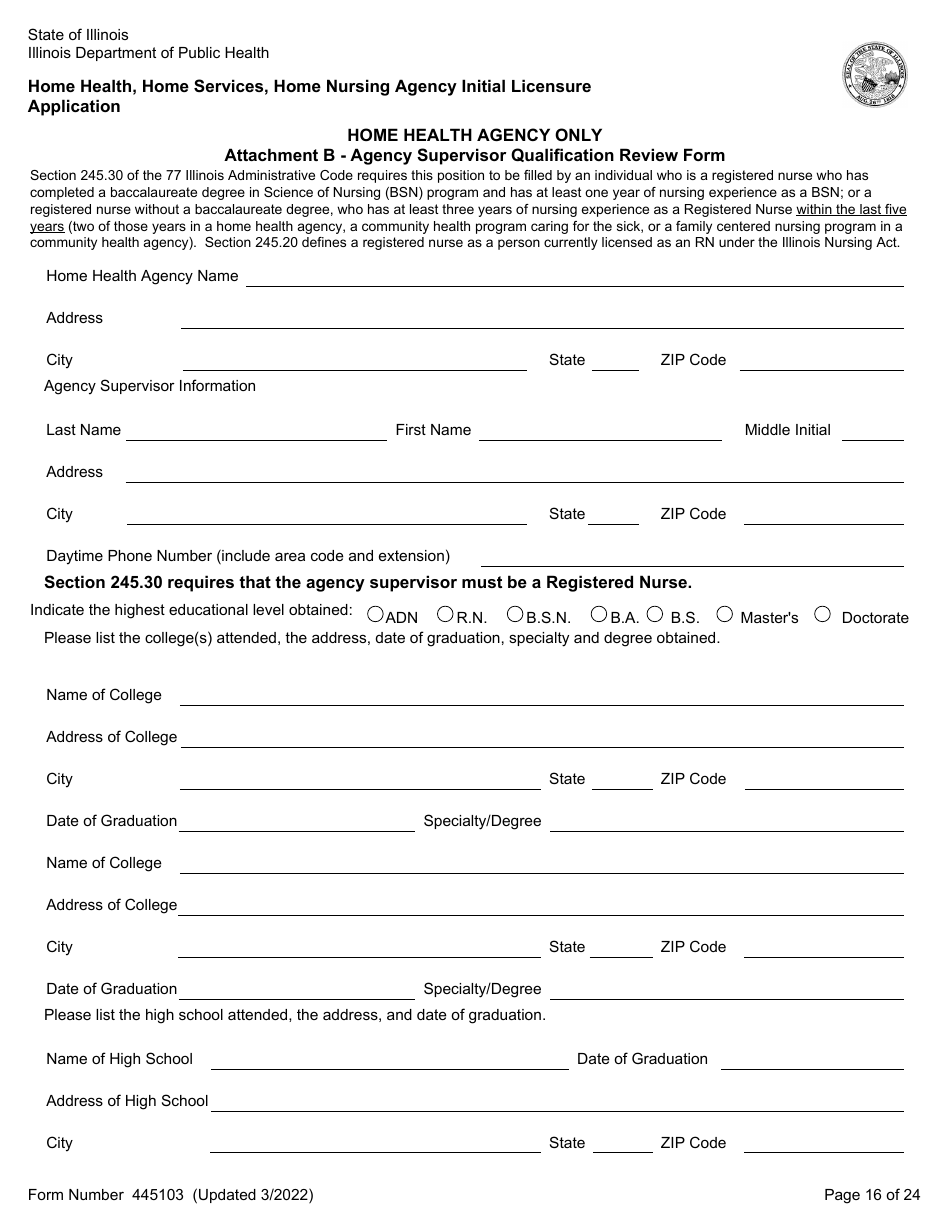 Form 445103 Home Health, Home Services, Home Nursing Agency Initial Licensure Application - Illinois, Page 16
