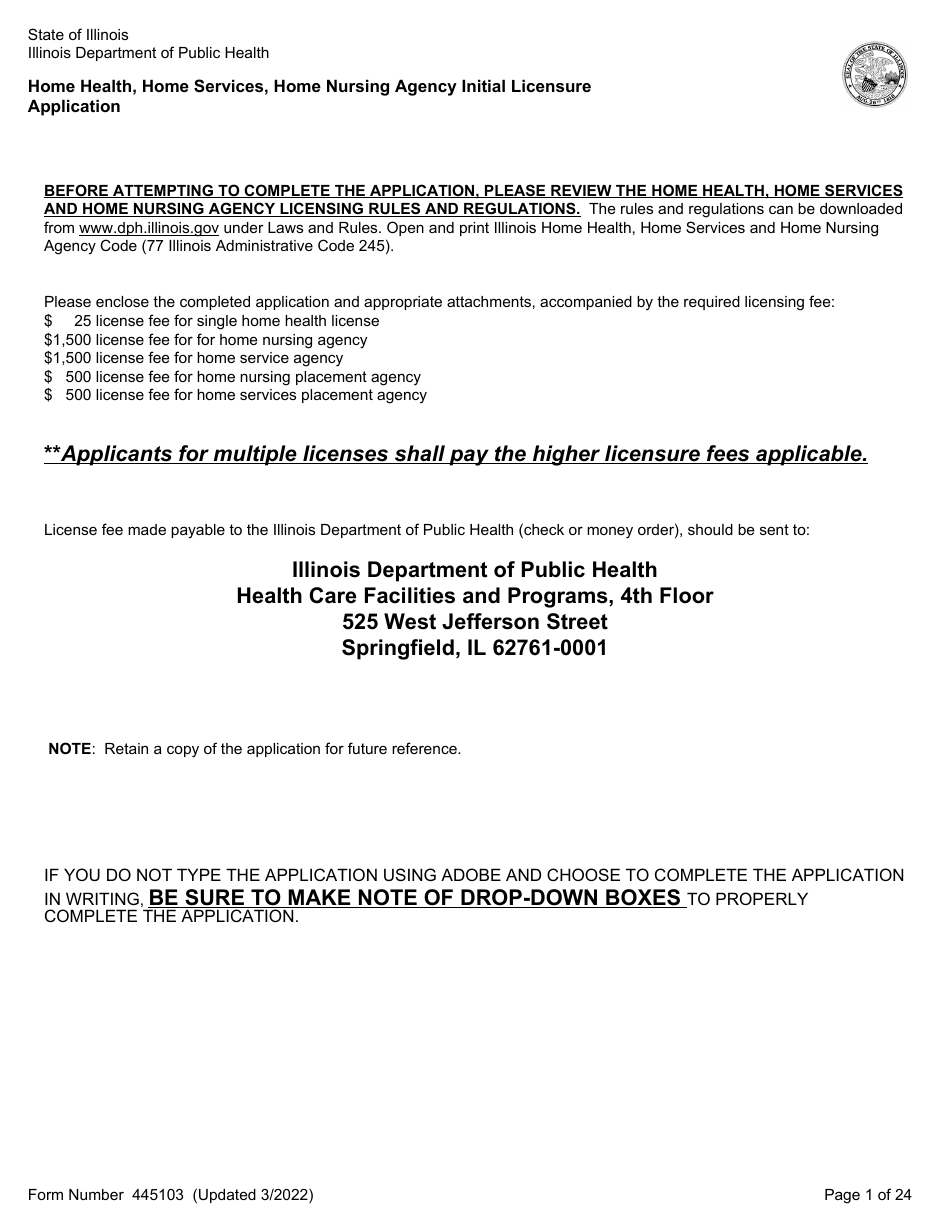 Form 445103 Home Health, Home Services, Home Nursing Agency Initial Licensure Application - Illinois, Page 1