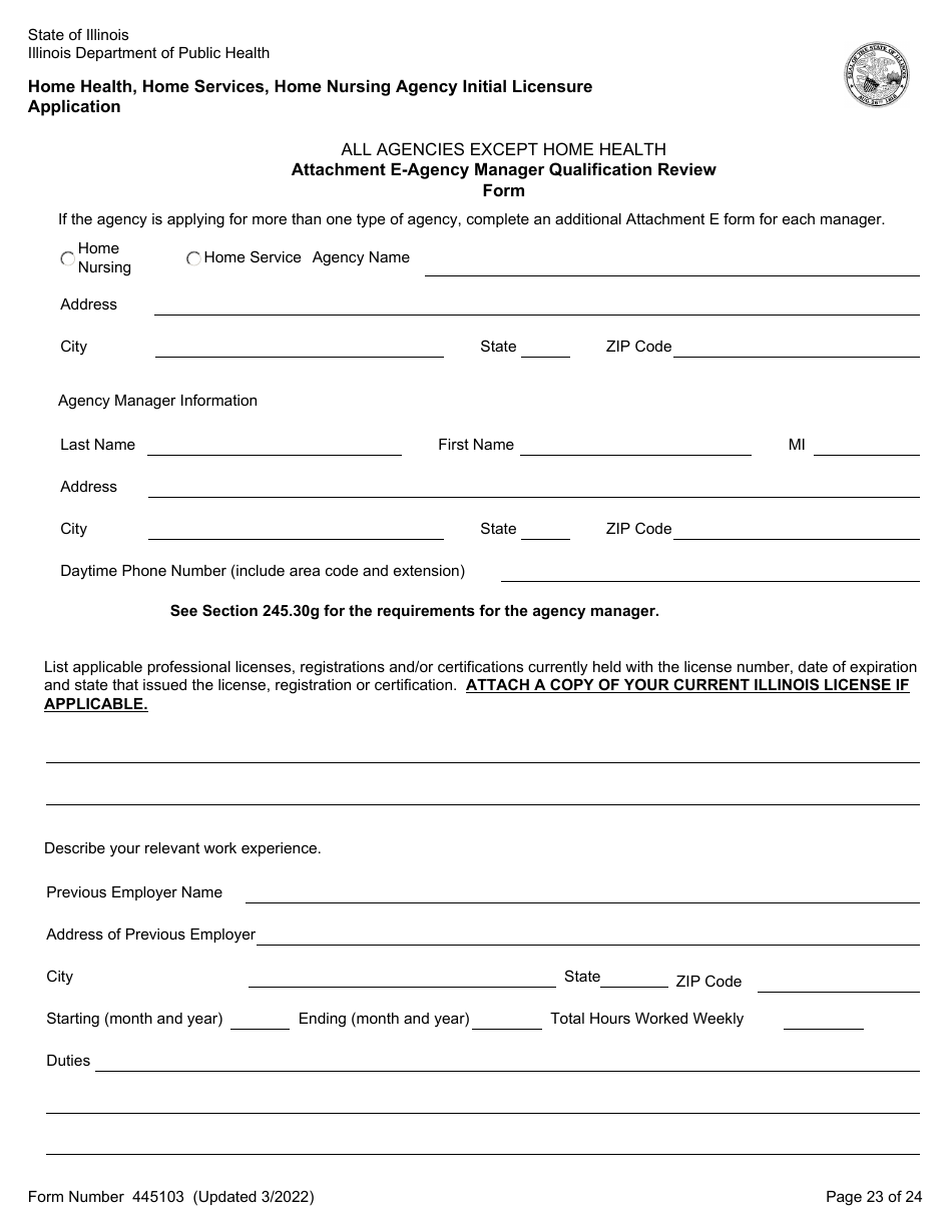 Form 445103 Home Health, Home Services, Home Nursing Agency Initial Licensure Application - Illinois, Page 23