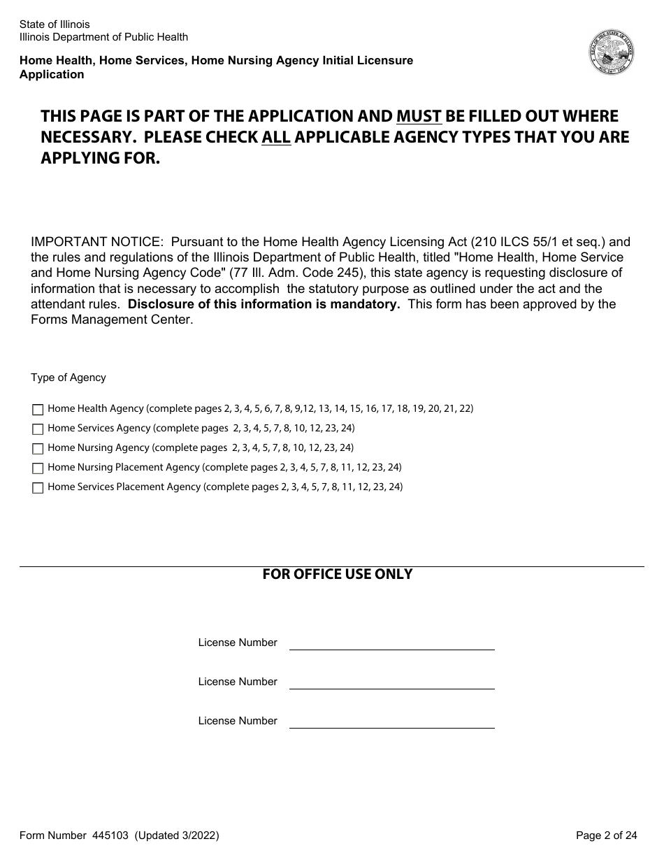 Form 445103 Home Health, Home Services, Home Nursing Agency Initial Licensure Application - Illinois, Page 2