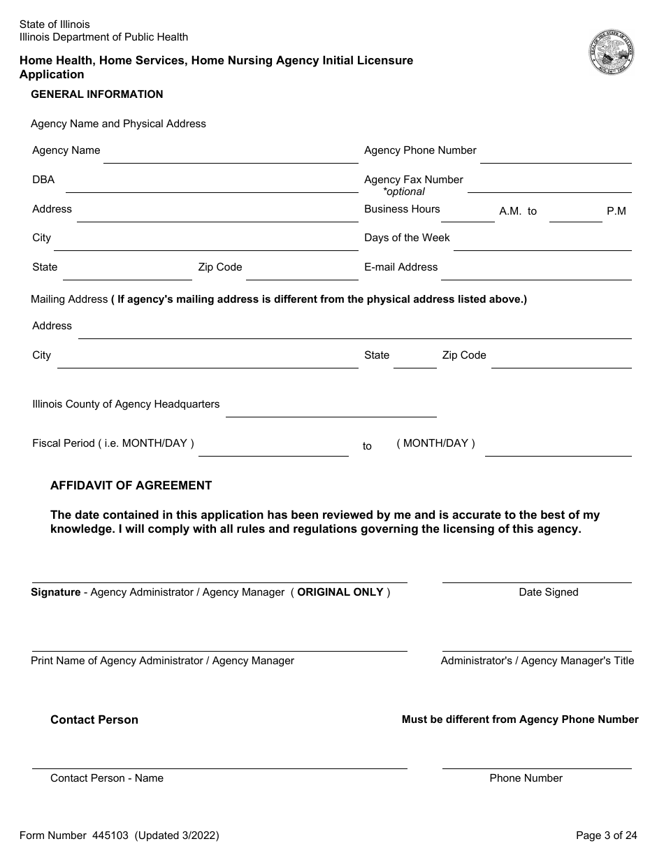 Form 445103 Home Health, Home Services, Home Nursing Agency Initial Licensure Application - Illinois, Page 3