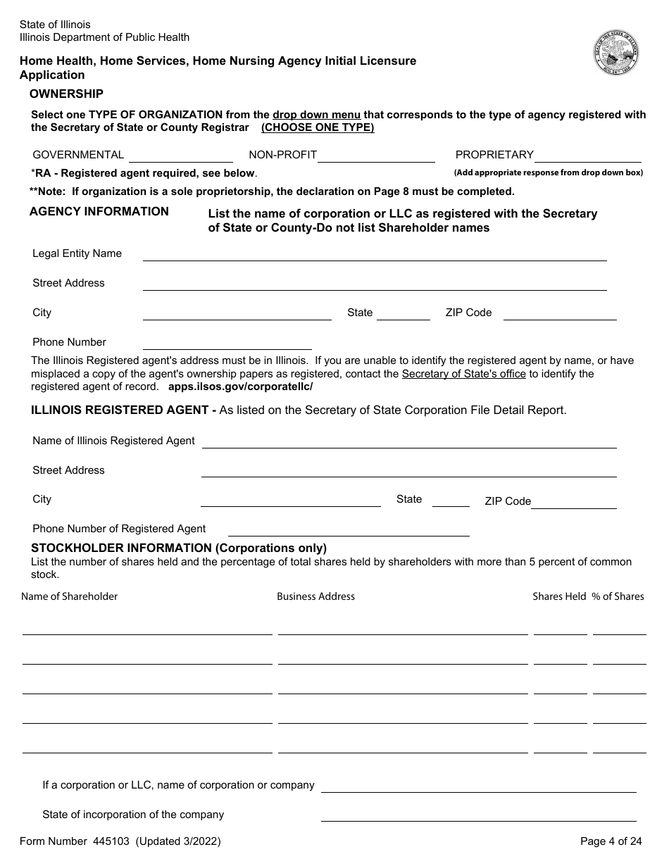 Form 445103 Home Health, Home Services, Home Nursing Agency Initial Licensure Application - Illinois, Page 4