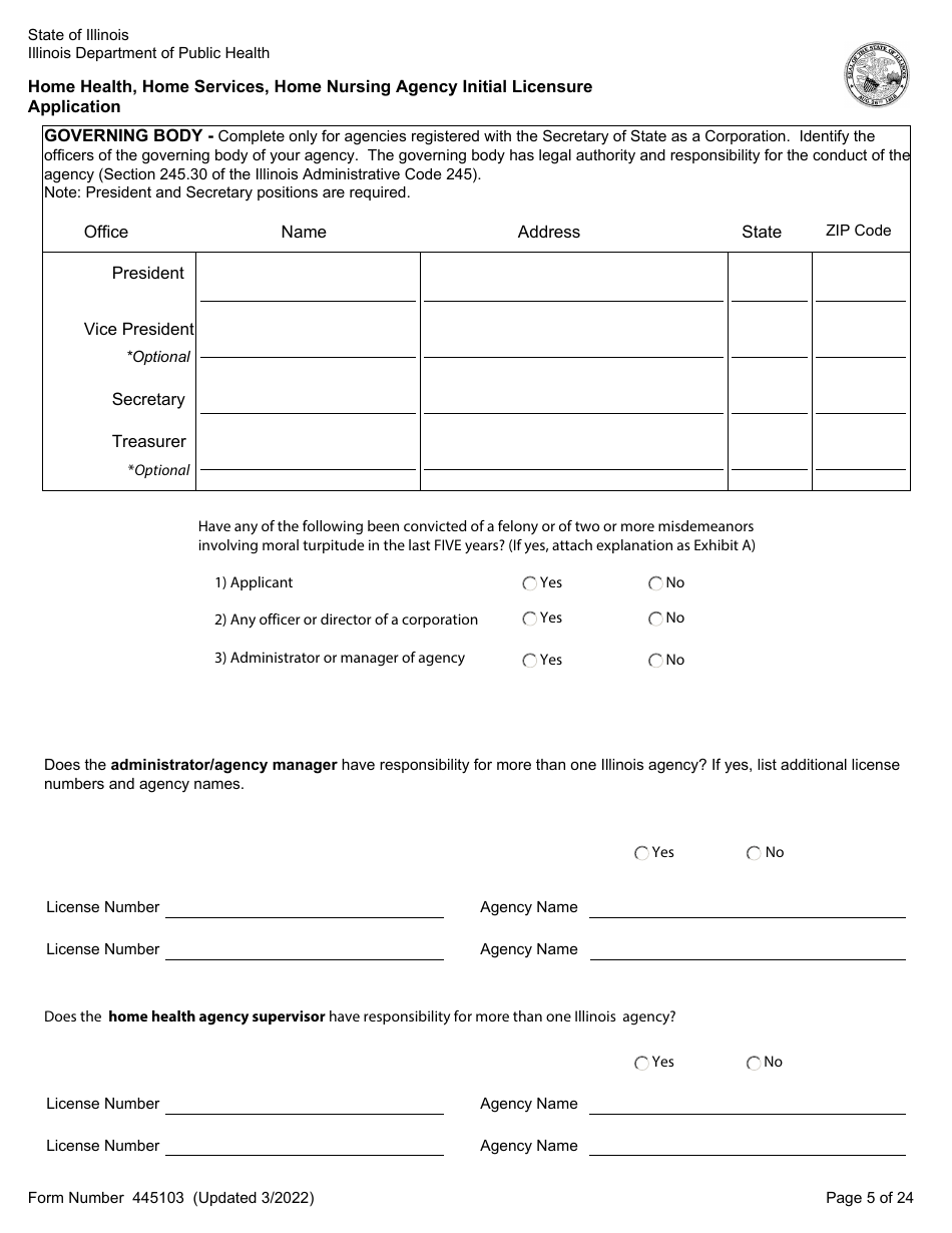 Form 445103 Home Health, Home Services, Home Nursing Agency Initial Licensure Application - Illinois, Page 5