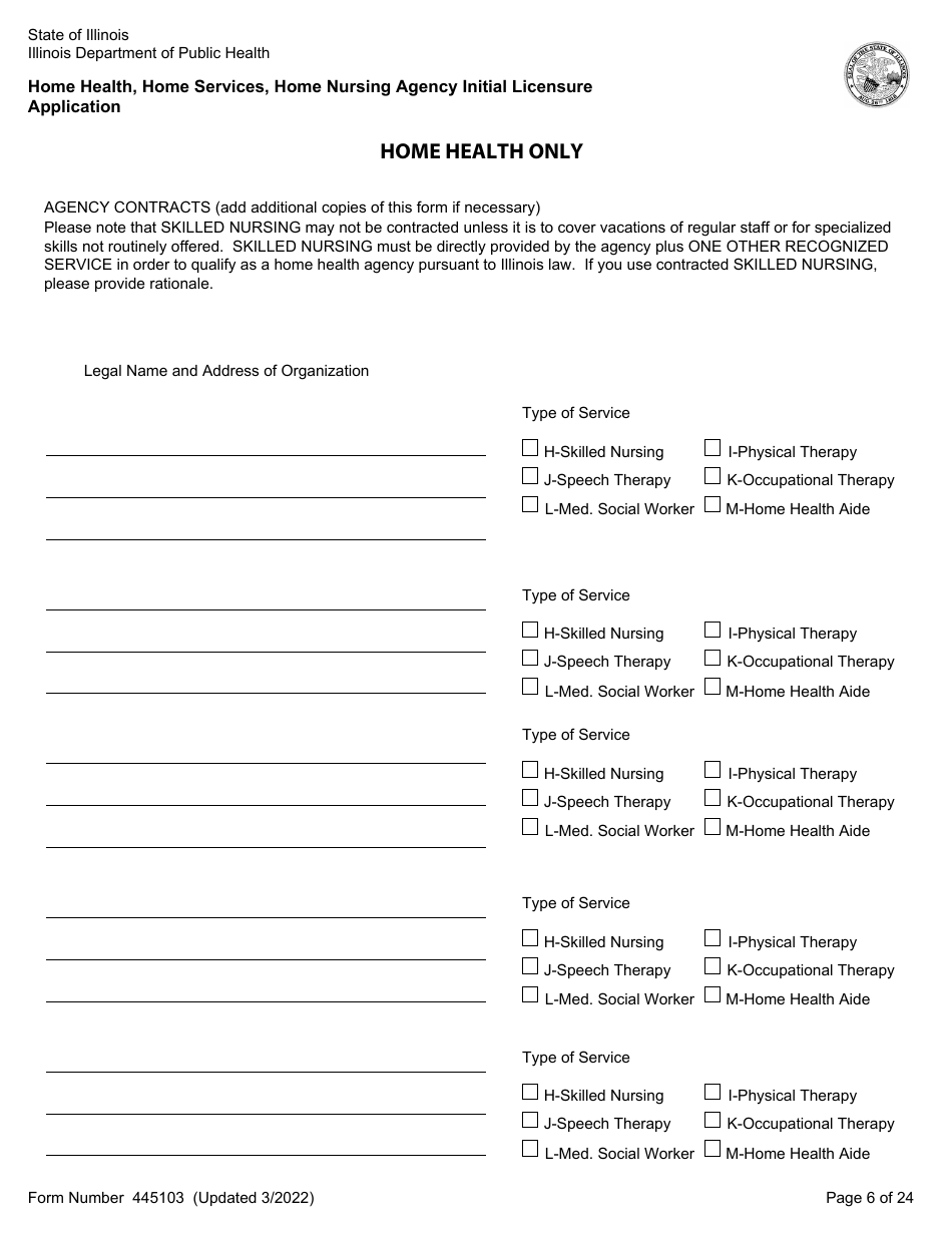 Form 445103 Home Health, Home Services, Home Nursing Agency Initial Licensure Application - Illinois, Page 6