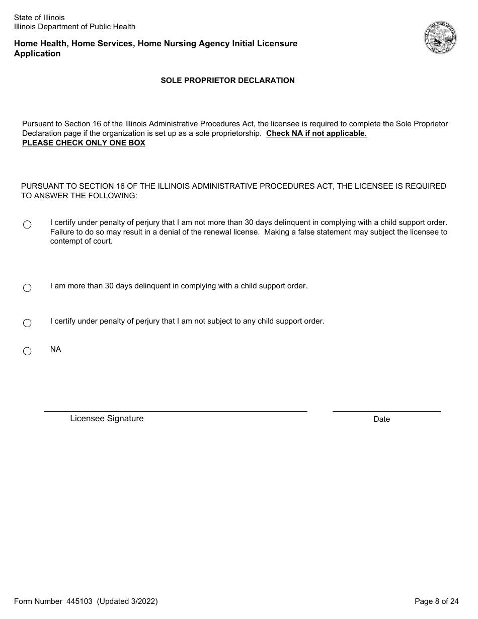 Form 445103 Home Health, Home Services, Home Nursing Agency Initial Licensure Application - Illinois, Page 8