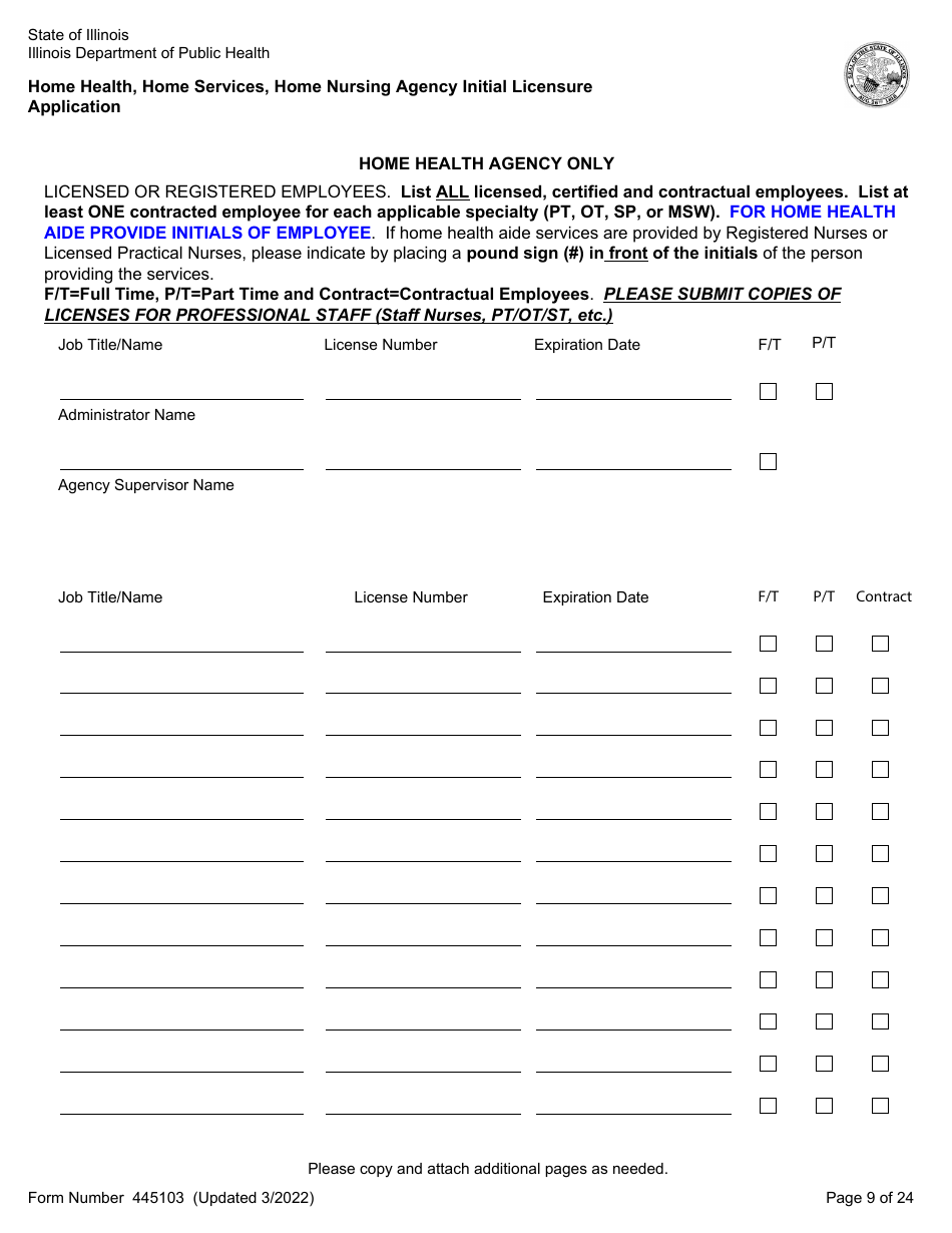 Form 445103 Home Health, Home Services, Home Nursing Agency Initial Licensure Application - Illinois, Page 9