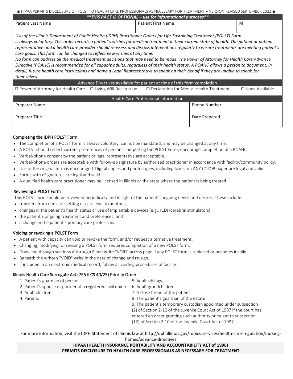 Illinois Idph Uniform Practitioner Order for LifeSustaining Treatment