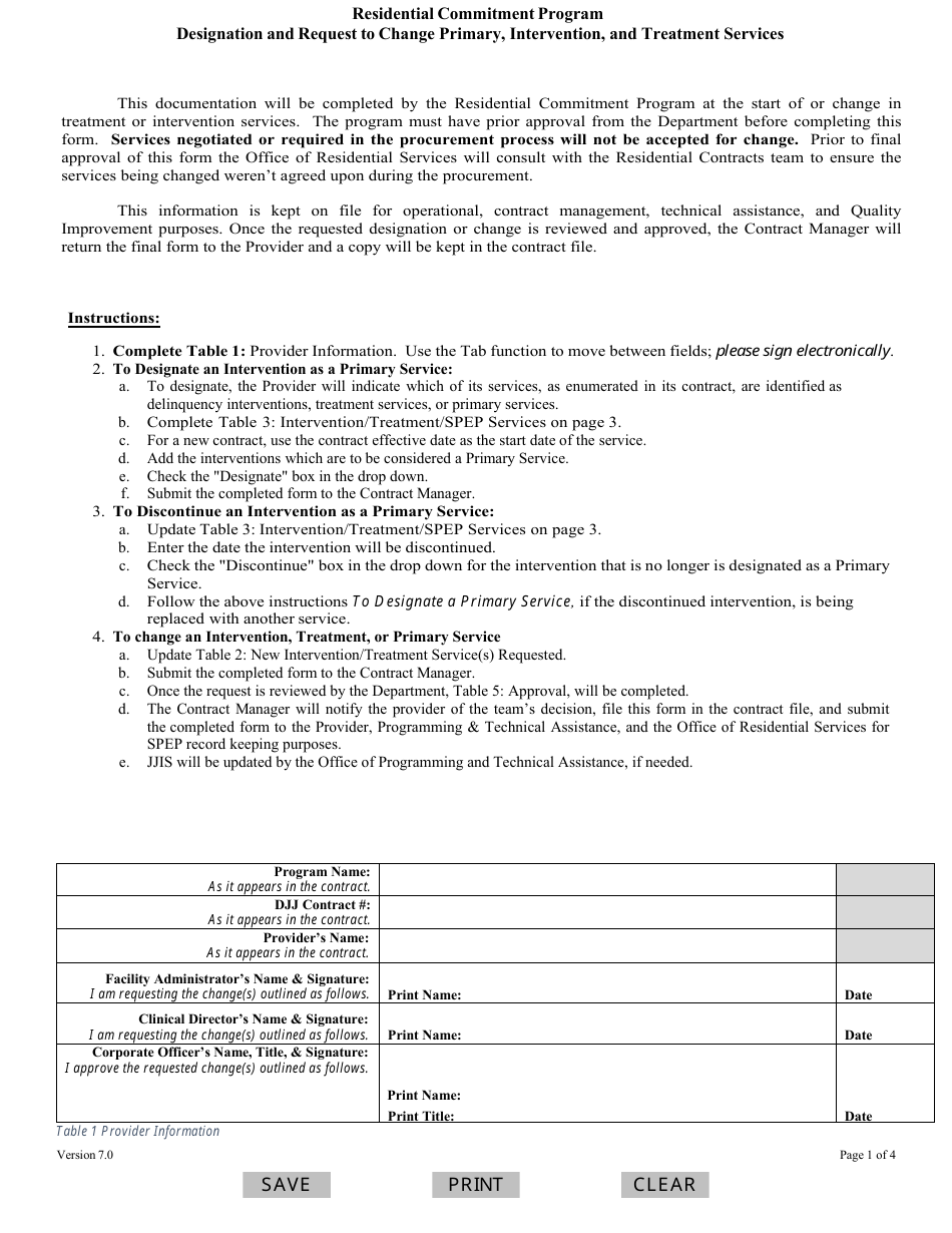 Designation and Request to Change Primary, Intervention, and Treatment Services - Residential Commitment Program - Florida, Page 1