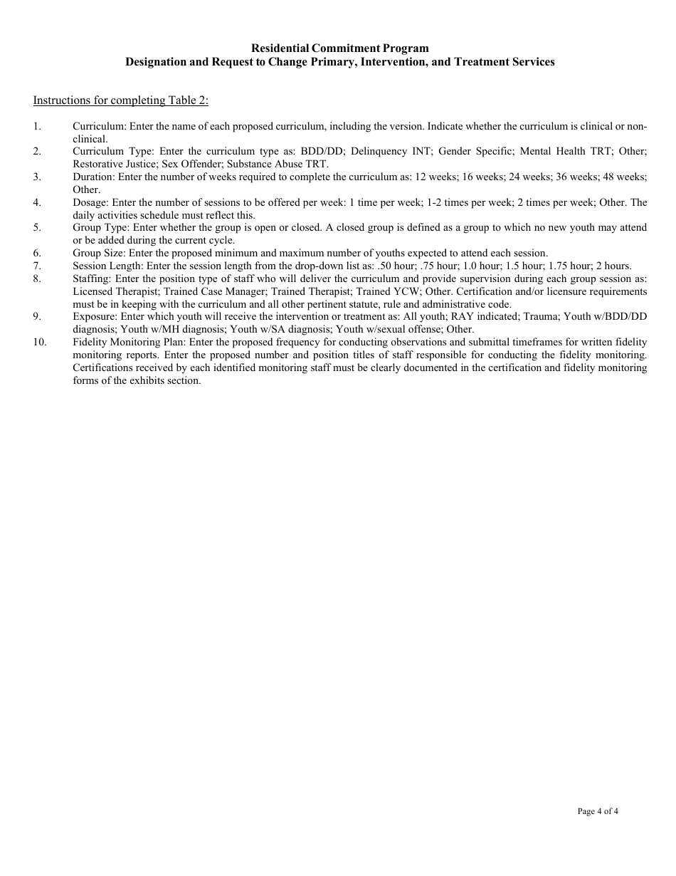 Designation and Request to Change Primary, Intervention, and Treatment Services - Residential Commitment Program - Florida, Page 4