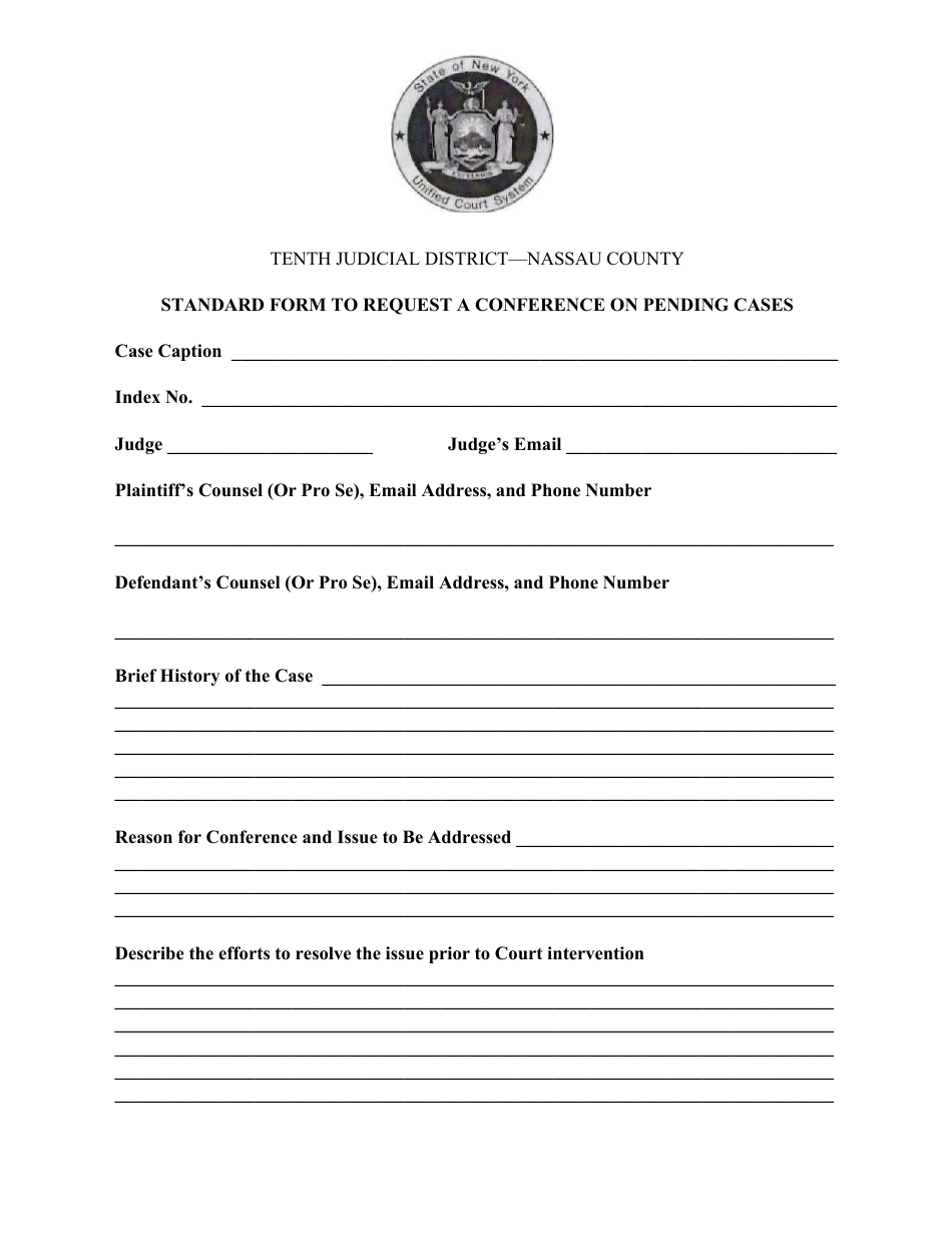 Standard Form to Request a Conference on Pending Cases - Nassau County, New York, Page 1