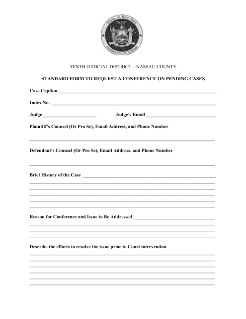 Standard Form to Request a Conference on Pending Cases - Nassau County, New York