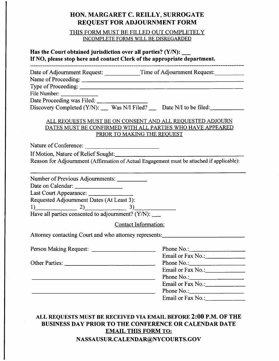 Surrogate Request for Adjournment Form - Nassau County, New York, Page 1
