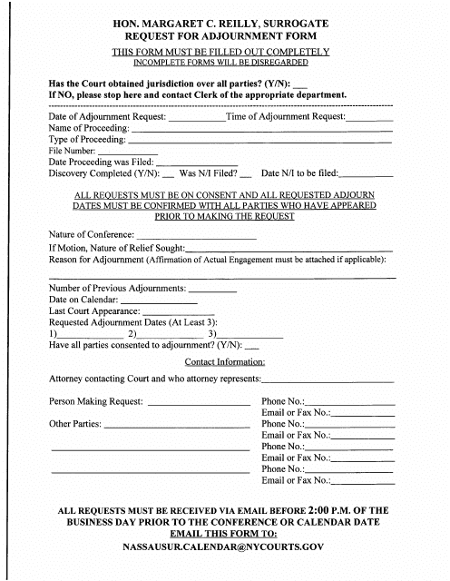 Surrogate Request for Adjournment Form - Nassau County, New York Download Pdf