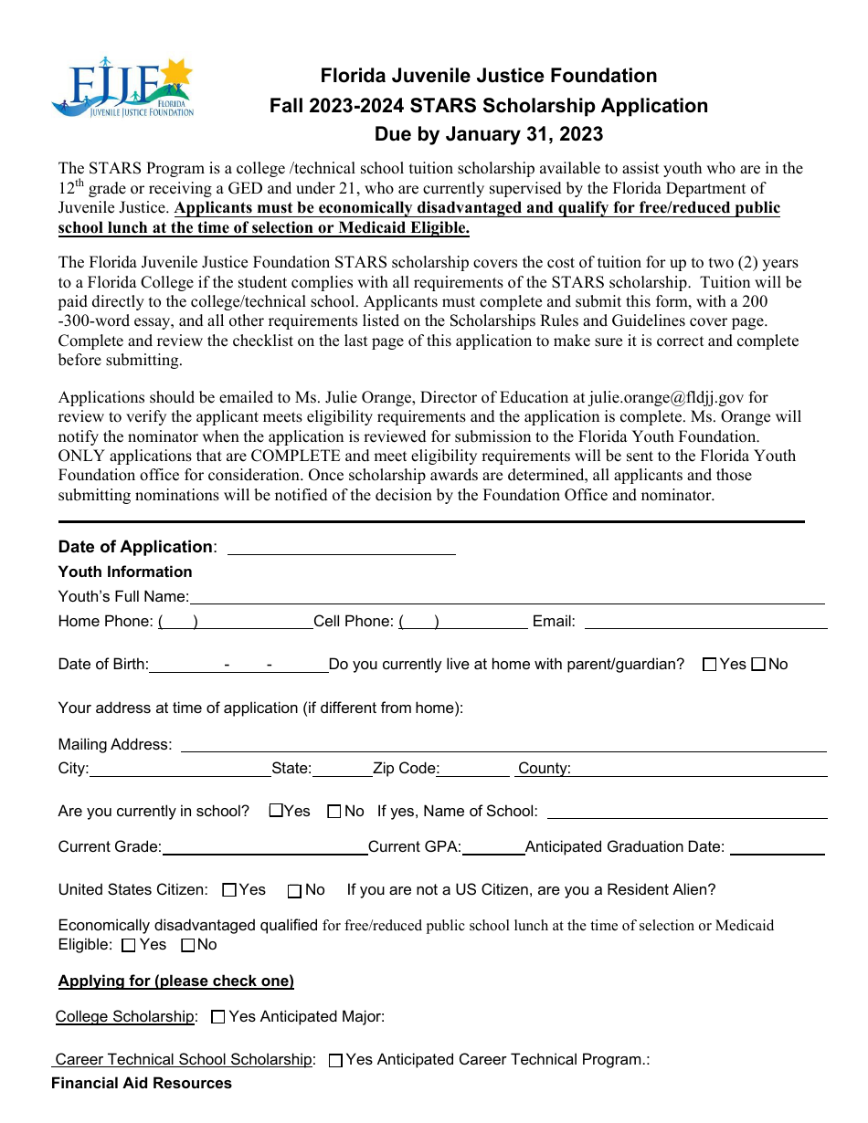 Stars Scholarship Application - Florida, Page 1