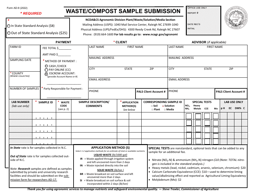 Form AD-9 Waste/Compost Sample Submission - Grower - North Carolina