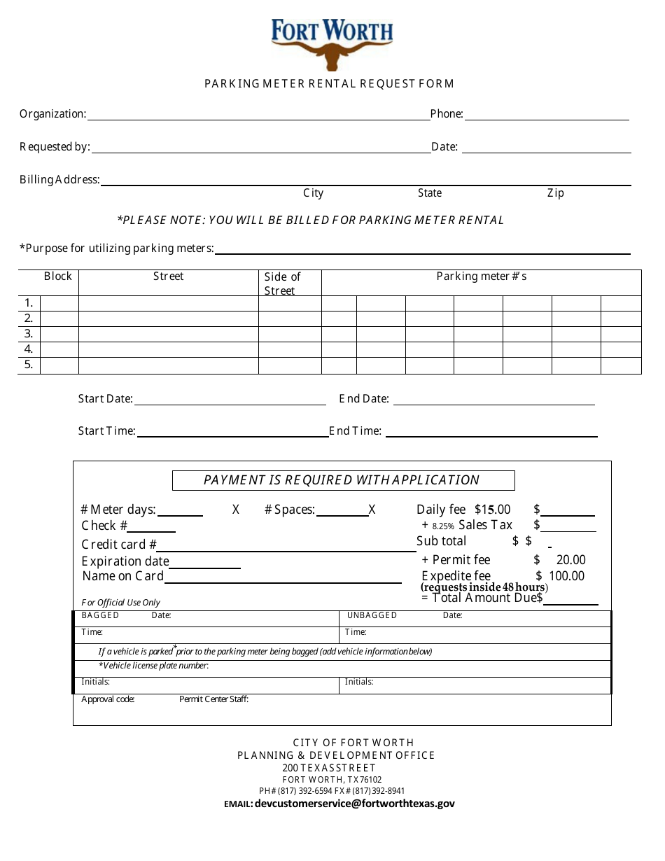 Parking Meter Rental Request Form - City of Fort Worth, Texas, Page 1