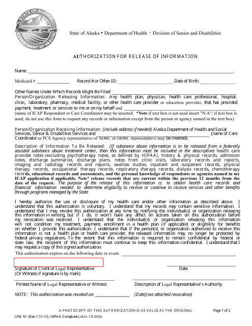 Form UNI-16 Authorization for Release of Information - Alaska