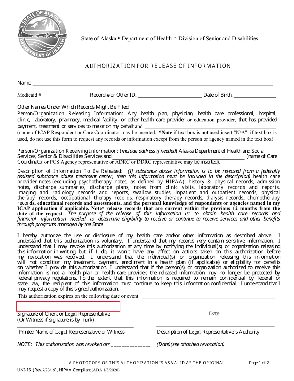 Form UNI-16 Authorization for Release of Information - Alaska, Page 1