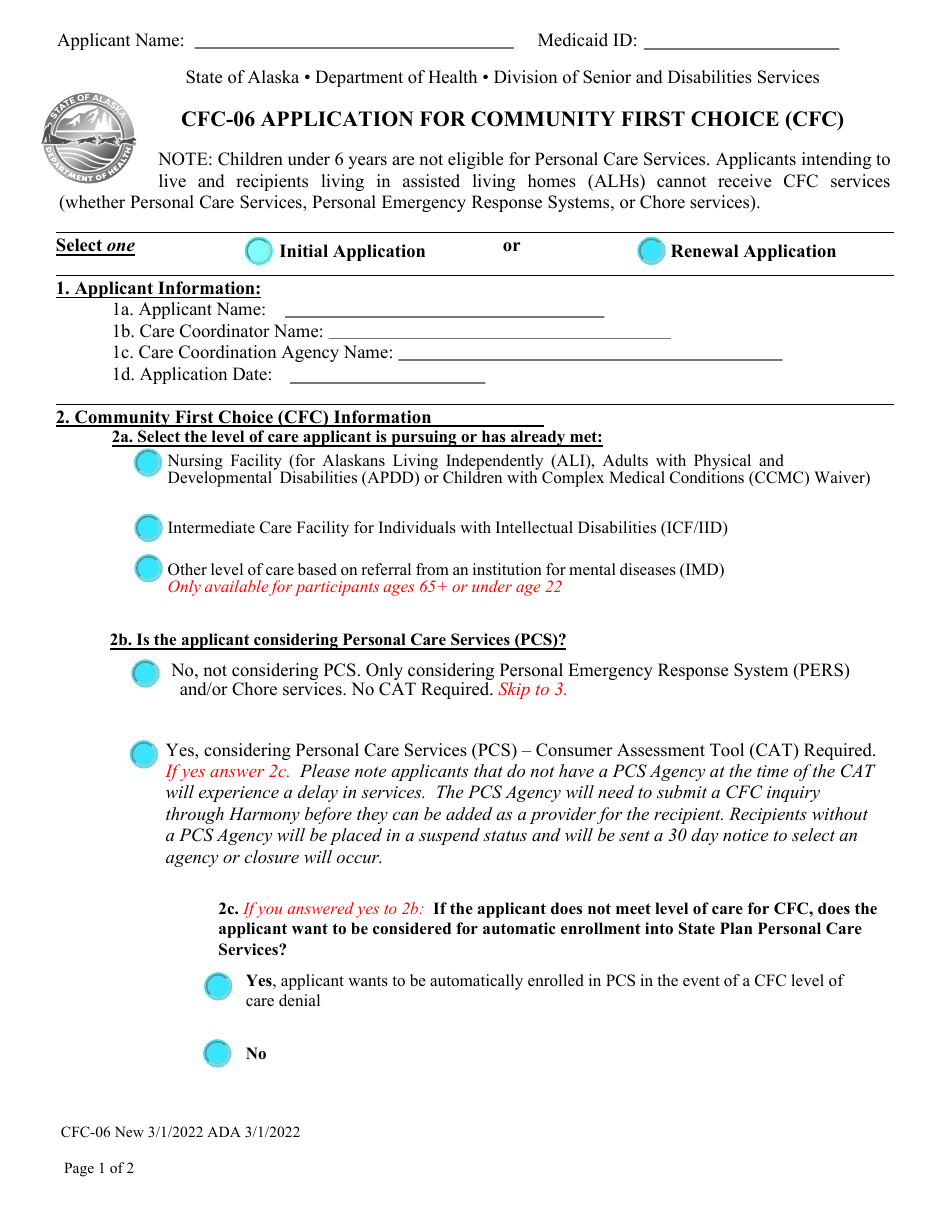Form CFC-06 Application for Community First Choice (Cfc) - Alaska, Page 1