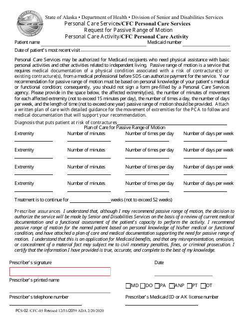 Form PCS-02 (CFC-05) Personal Care Services/Cfc Personal Care Services Request for Passive Range of Motion - Alaska