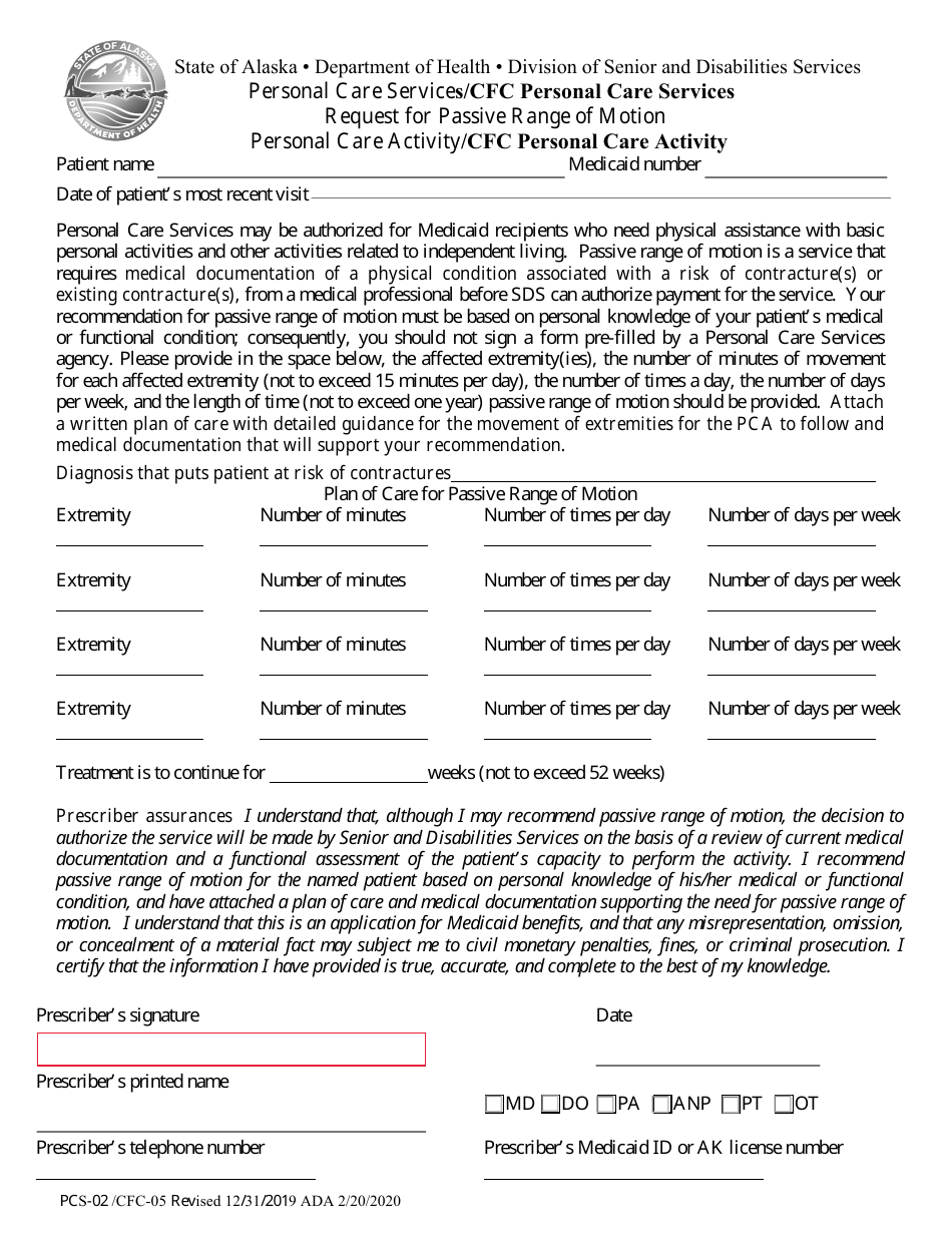 Form PCS-02 (CFC-05) Personal Care Services / Cfc Personal Care Services Request for Passive Range of Motion - Alaska, Page 1