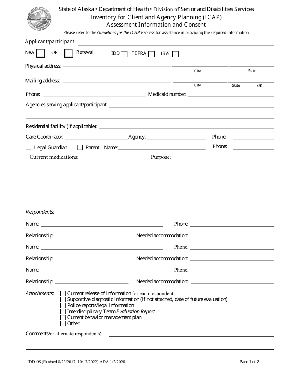 Form IDD-03 Inventory for Client and Agency Planning (Icap) Assessment Information and Consent - Alaska, Page 1