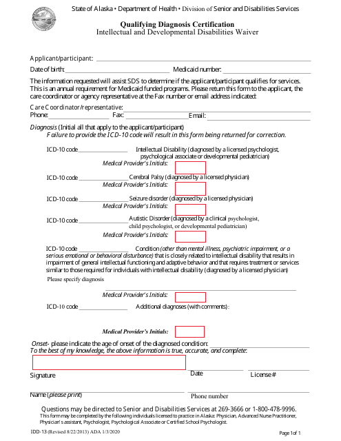 Form IDD-13 Qualifying Diagnosis Certification - Intellectual and Developmental Disabilities Waiver - Alaska