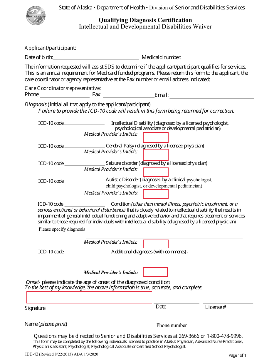Form IDD-13 Qualifying Diagnosis Certification - Intellectual and Developmental Disabilities Waiver - Alaska, Page 1