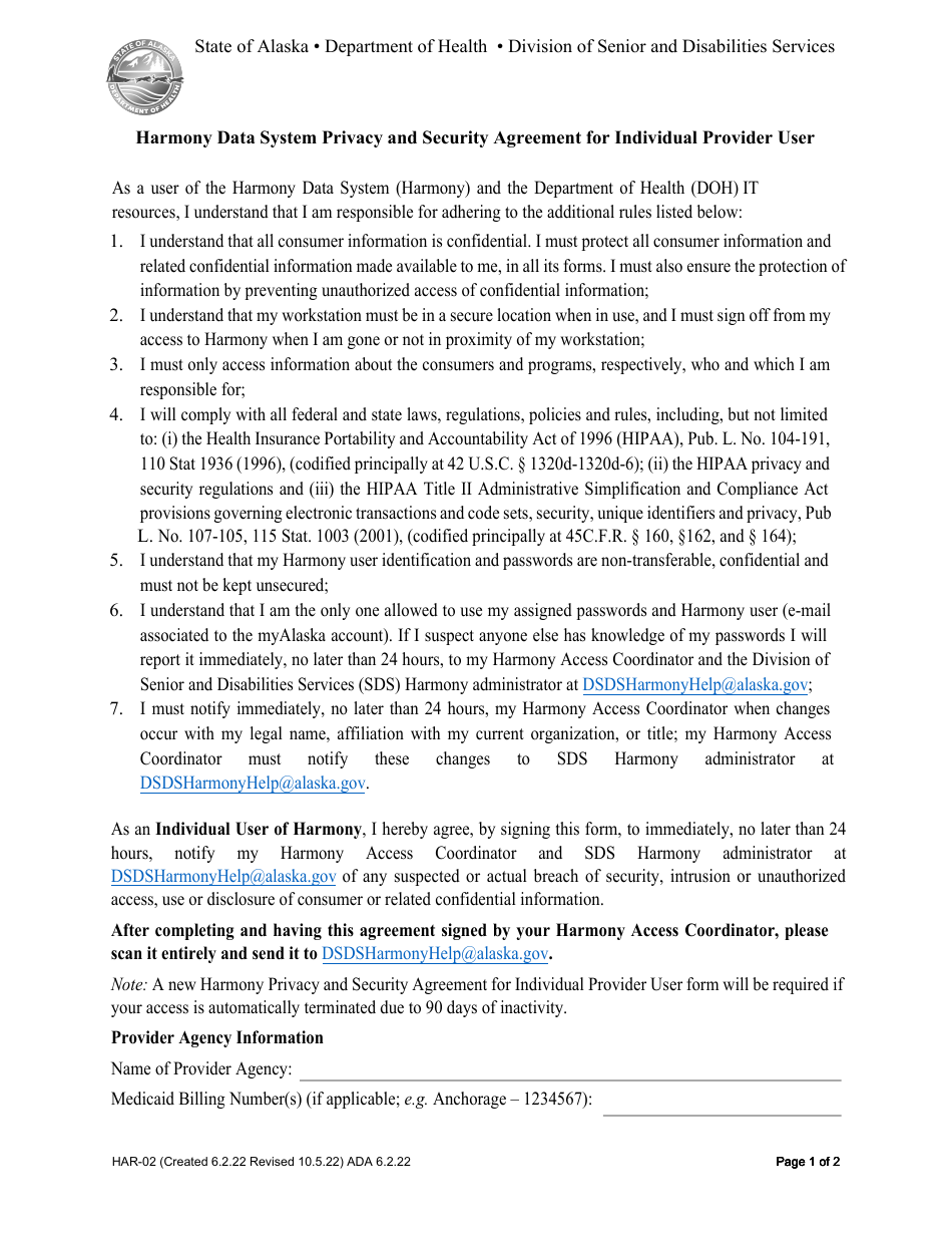 Form HAR-02 Harmony Data System Privacy and Security Agreement for Individual Provider User - Alaska, Page 1