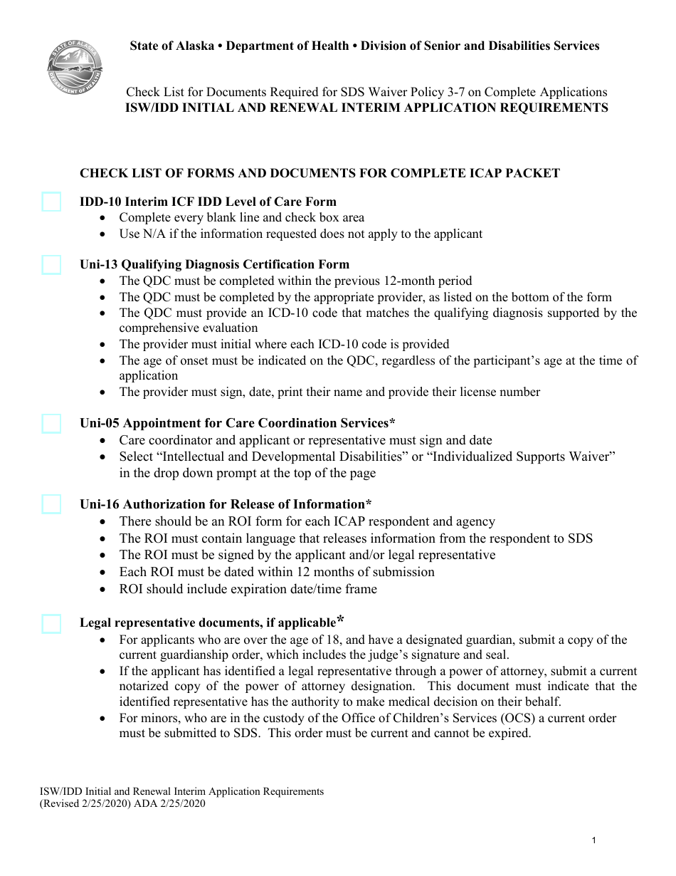 Isw / Idd Initial Renewal Interim Application Checklist - Alaska, Page 1