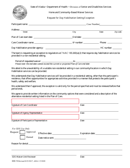 Form IDD-15 Request for Day Habilitation Setting Exception - Alaska